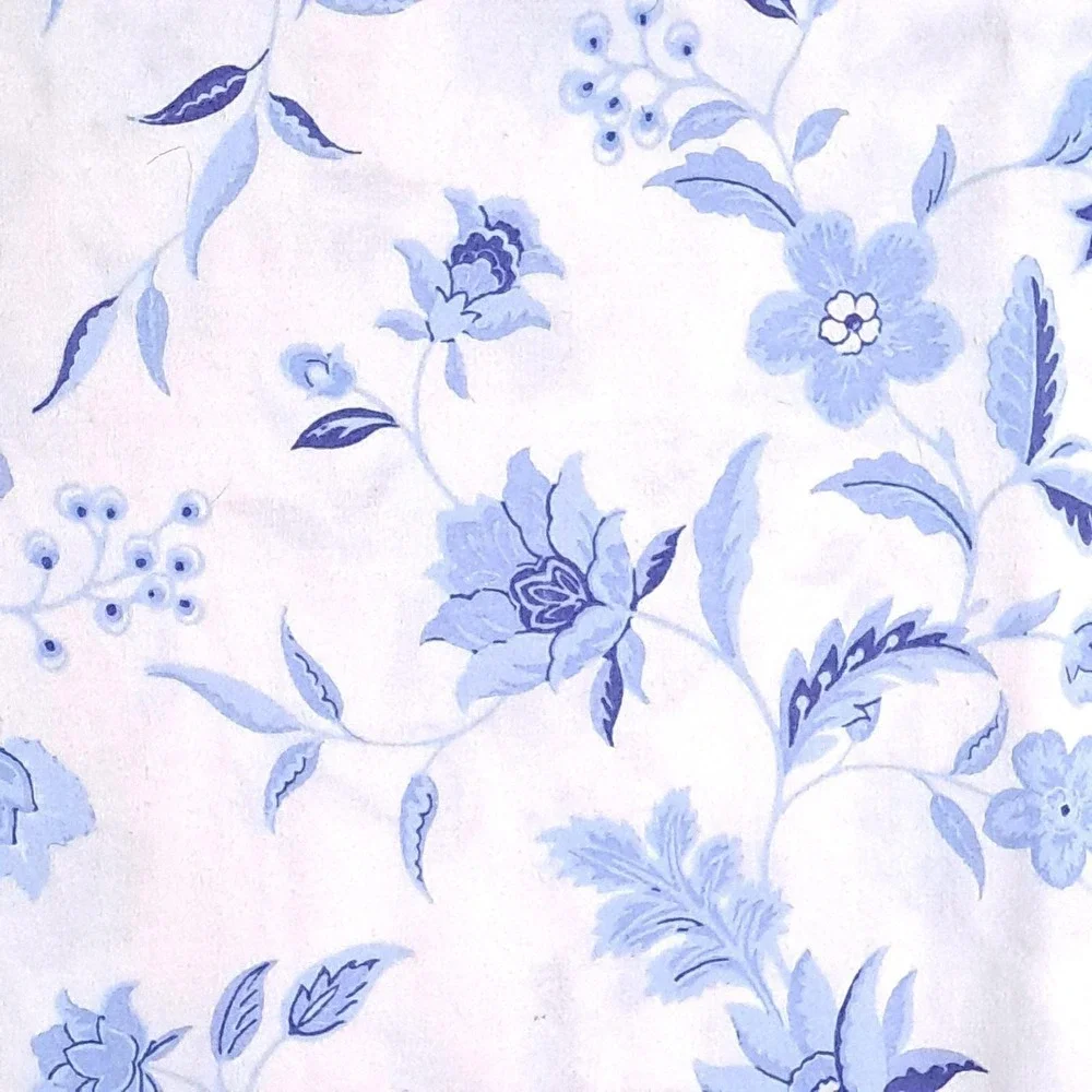 Vintage Floral Flat Bed Sheet Twin Blue White Vintage Toile Cottagecore Fabric
